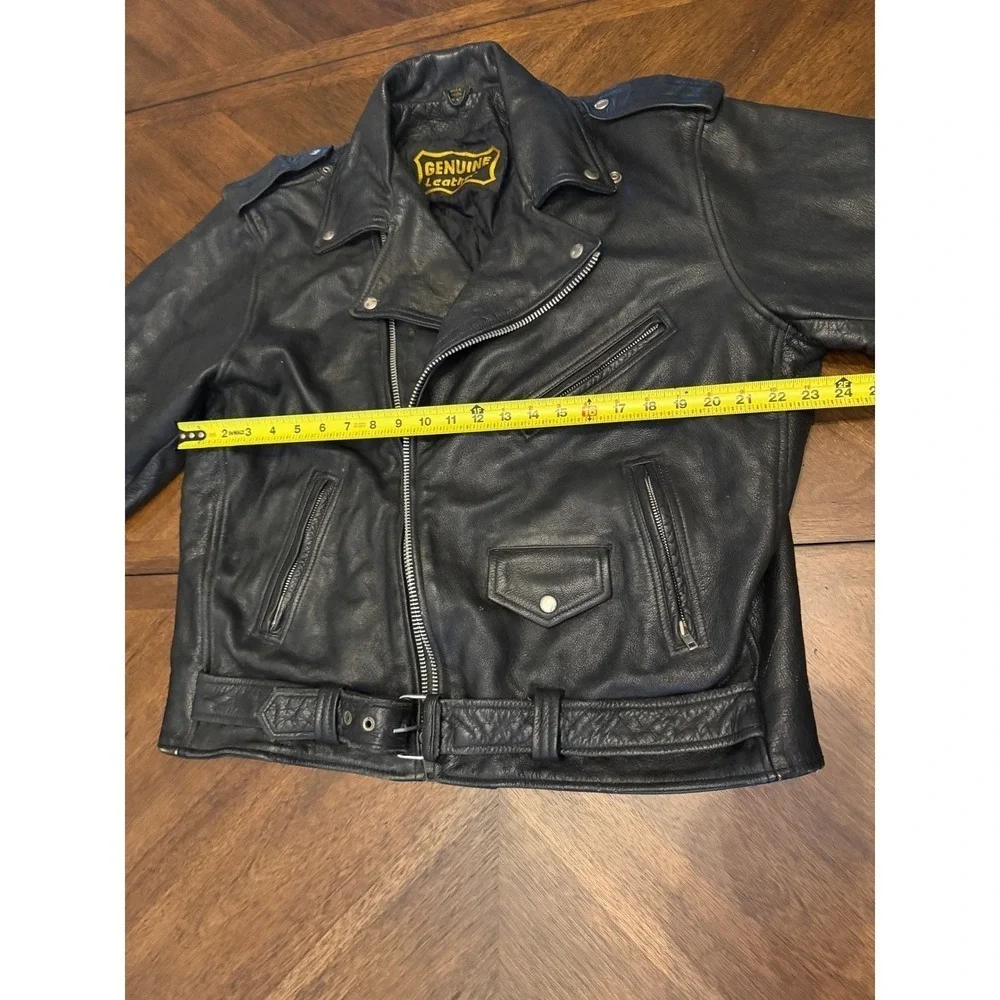 Mens Genuine Leather Biker Jacket Black Moto Belted Asymmetrical‎ Zip Size 50